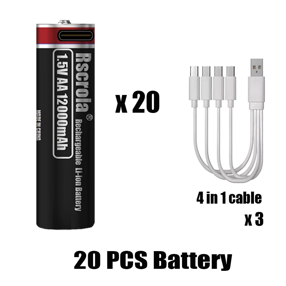1.5V AA Lithium Battery Rechargeable 12000mAh USB-C Fast Charging, Constant Voltage for Smart Lock, Game Controller, Keyboard Oasis Select 20 pcs AA Batteries 1.5V
