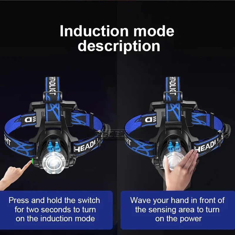 Powerful LED Induction Headlamp USB/DC Rechargeable Super Bright Head Flashlight Outdoor Camping Fishing Hunting Headlight Oasis Select