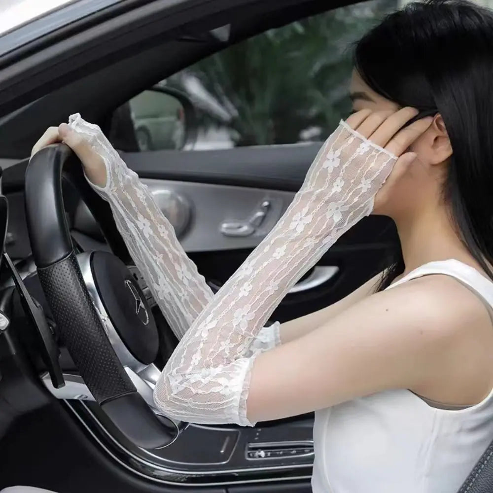 Summer Outdoor Breathable Sunscreen Sleeves Lace Mesh Ultra Thin Lace Arm Sleeves UV Protection Fingerless Long Gloves Girls Oasis Select