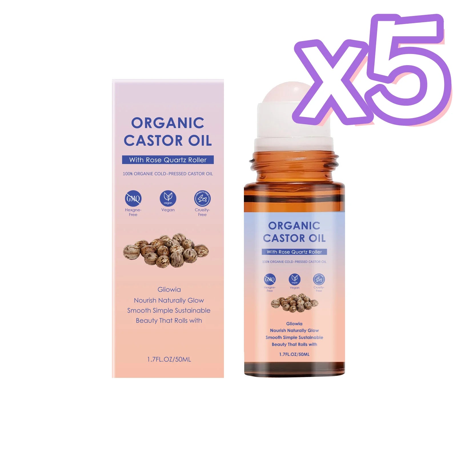 Organic Castor Oil Rose Quartz Roller Ball | 50ml Castor Oil Roller Oasis Select 50ml Boxed x 5pcs
