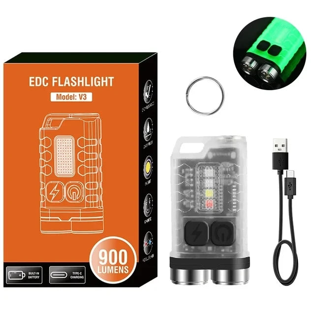V3 EDC LED Flashlight Portable Mini Keychain Light TYPE-C Rechargeable Pocket Torch with Magnet UV Lamp Camping Fishing Lantern Oasis Select Fluorescence 1PCS