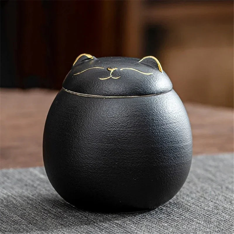230ML Tea Storage Jar Cute Pets Gradient Color Ceramics Jar Cat Tea Can Moisture Proof Household for Candy Sealed Storage Box Oasis Select Black