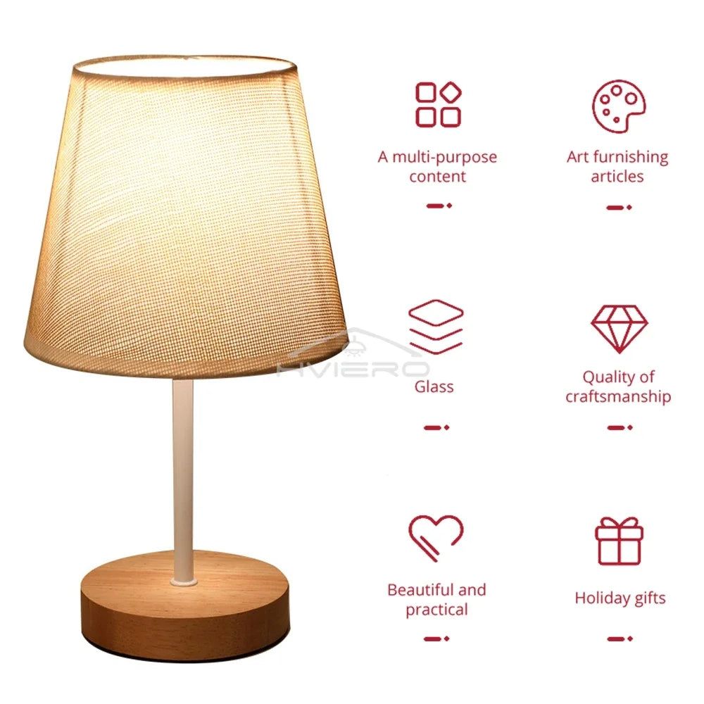 Nordic LED Desk Lamp – Wooden Base & Fabric Shade | USB Night Light