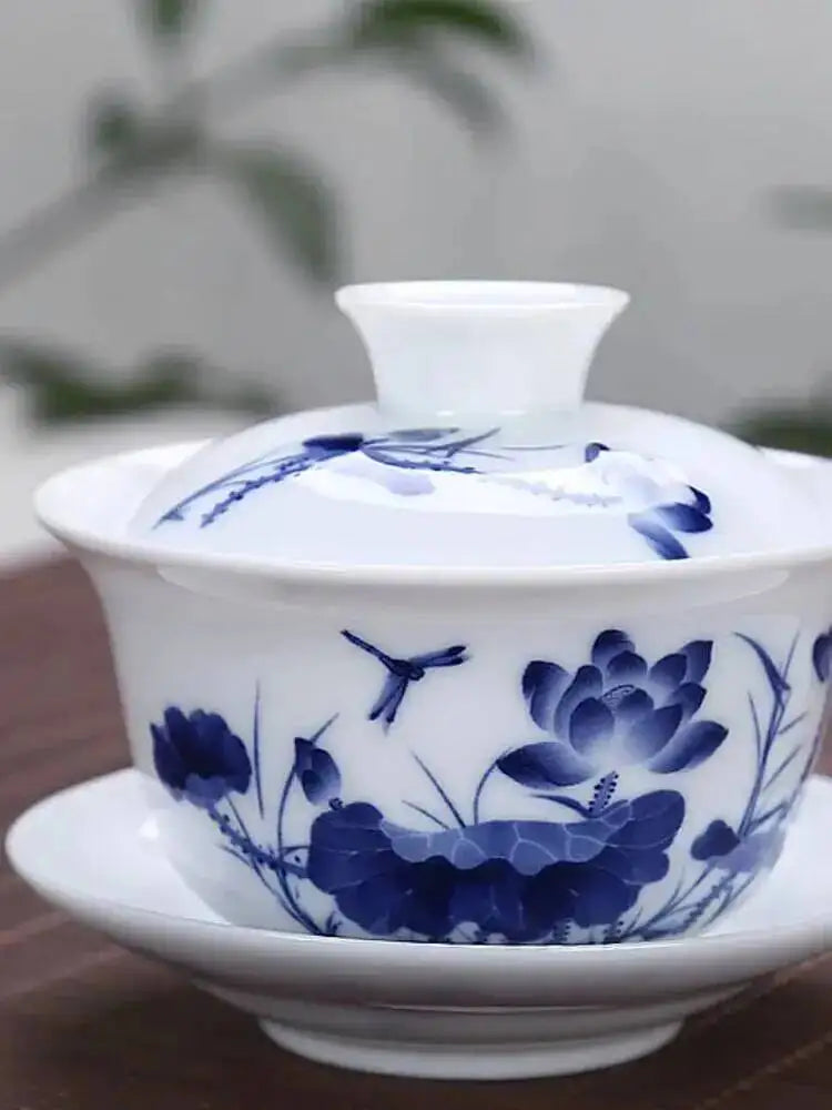 3.8-inch White Porcelain Big Cover Bowl Ceramic Tea Sancai Cover Bowl Blue And White Tea Bowl Oasis Select