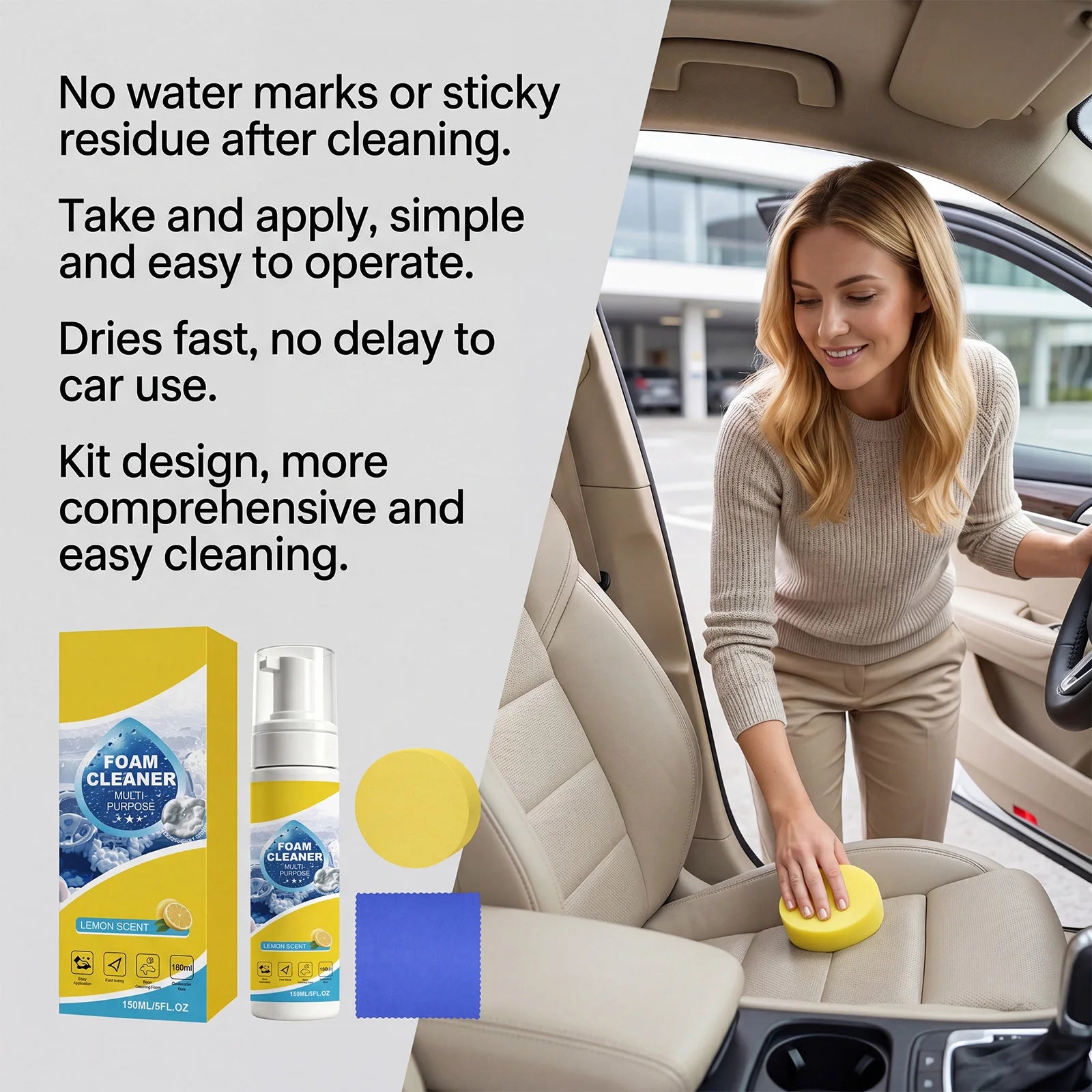 Multi Purpose Foam Cleaner Kit Deep Stain Removal No Scrub Car Interior Exterior Cleaner Dense Foam Quick Dry No Residue 150ml Oasis Select