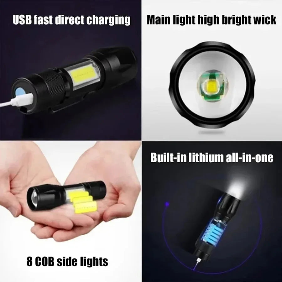 COB+XPE Mini LED Camping Flashlight Portable USB Rechargeable Torch Outdoor Zoomable Light Tactical Lantern Lamp with Pen Clip Oasis Select