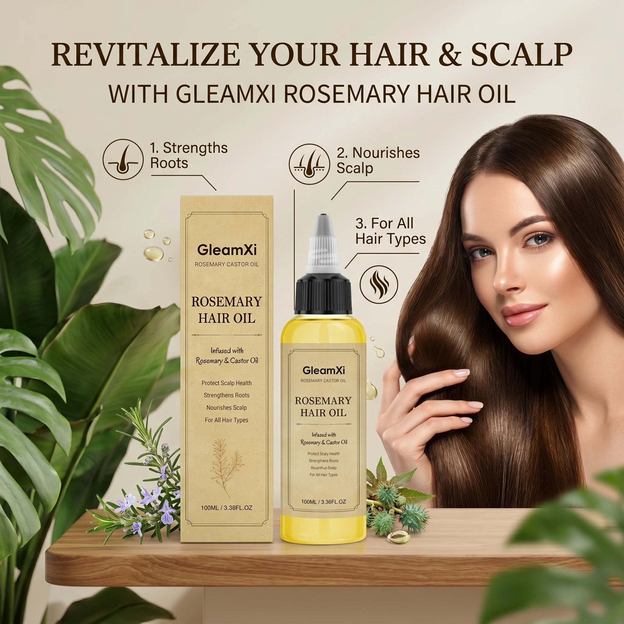 Rosemary Castor Hair Oil Strengthens Roots and Nourish Scalp Anti Hair Loss Reduce Breakage Voluminous Soft Hair Care Oasis Select