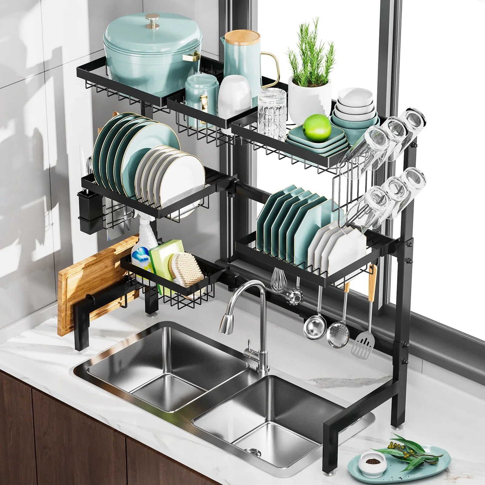 Retractable sink rack, kitchen knives, chopsticks, dishes storage rack, multi-functional drain bowl rack above the sink Oasis Select