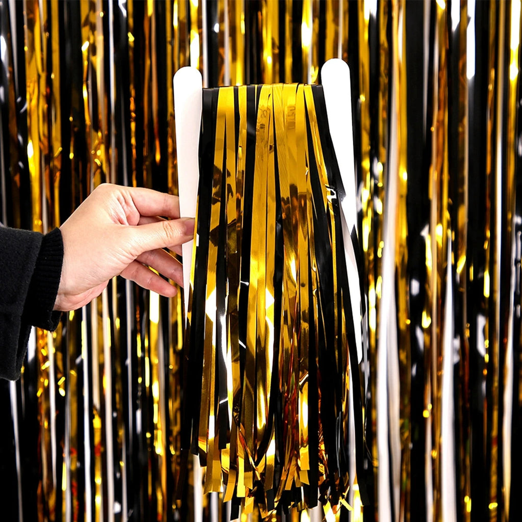Birthday Party Decorations Backdrop Curtains Glitter Black Gold Tinsel Fringe Foil Curtain Background Wedding Adult Anniversary Oasis Select