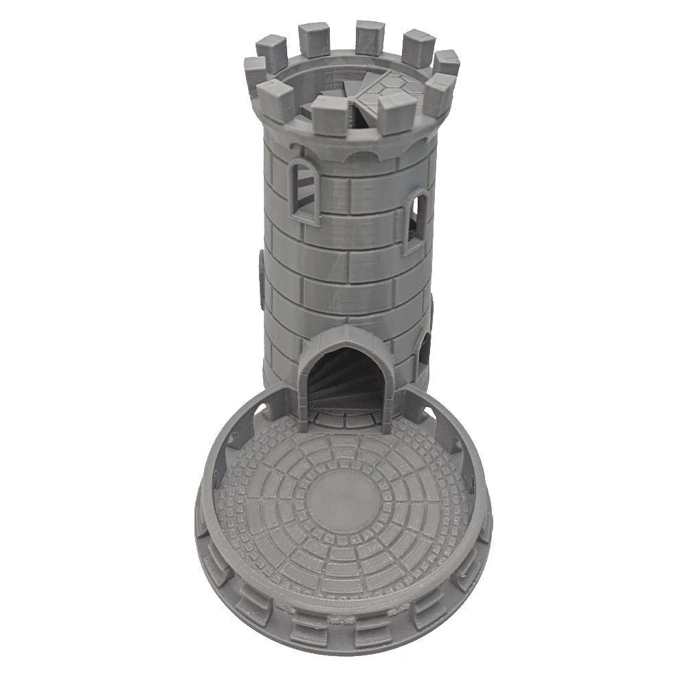 3D Printed Medieval Fort Castle Dice Tower Spiral Staircase Roller Tray for DND RPG MTG Tabletop Role‑Playing Game Accessory Oasis Select Grey