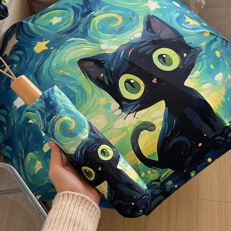 Green Folding Umbrella Cartoon Cat Professional Sun Protection and UV Protection Umbrella Suitable for Sunny and Rainy Days. Oasis Select