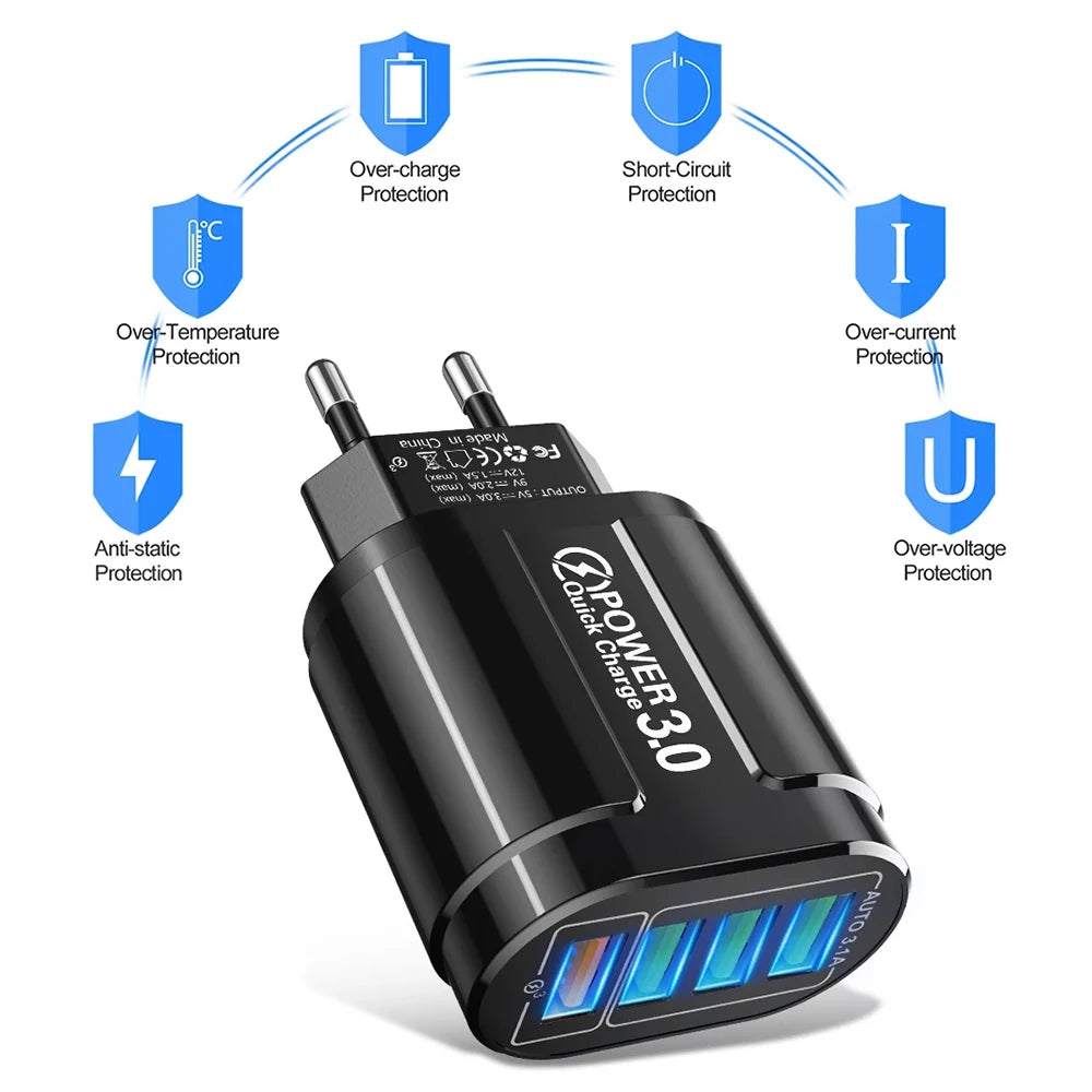 48W QC3.0 Quick Charger 4USB EU Standard Travel Portable 4 Port Fast Charging Suitable For Android iPhone Xiaomi Other Devices Oasis Select
