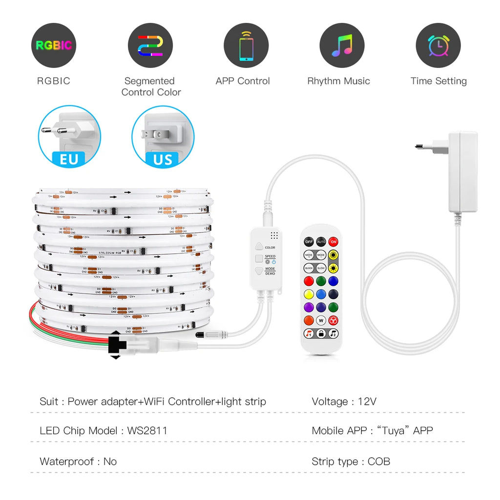 5M FCOB Ambinet LED Strip DIY Addressable Control Can Flicker and Flow,12V Tuya APP Controlled Uniform Chase Color Light Voice Oasis Select