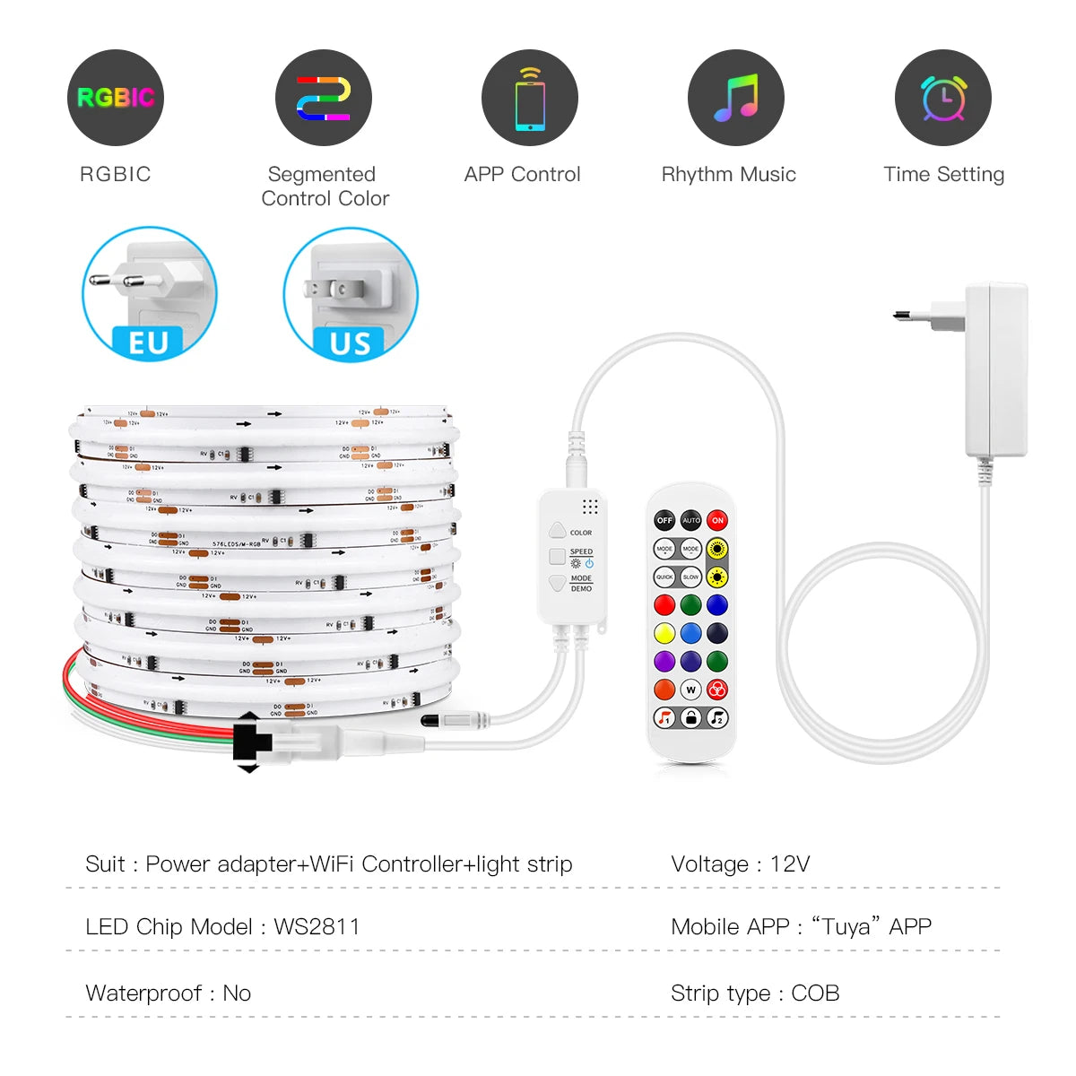 5M FCOB Ambinet LED Strip DIY Addressable Control Can Flicker and Flow,12V Tuya APP Controlled Uniform Chase Color Light Voice Oasis Select