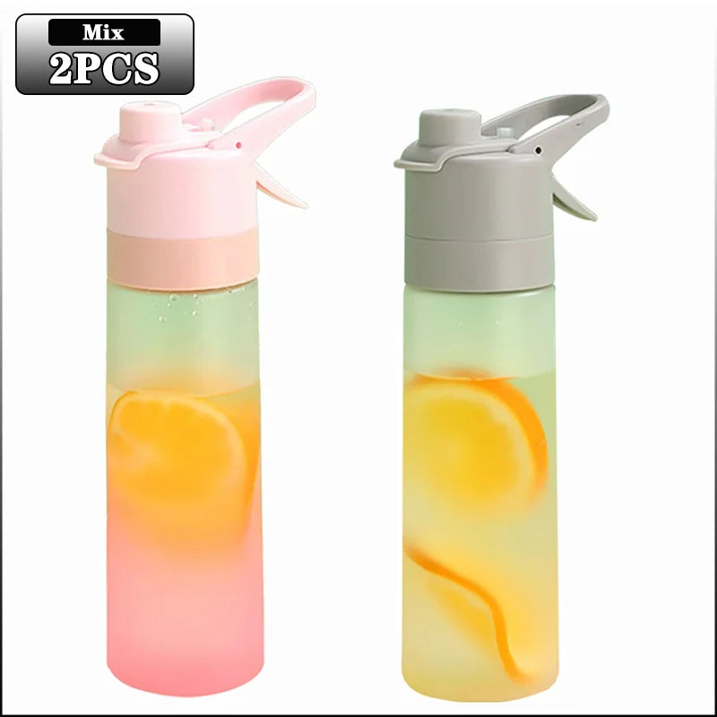 1-4PCS Large Capacity Spray Water Bottle with Straw Gradient Frosted Portable Outdoor Sports Travel Mist Sprayer Reusable Cup Oasis Select 650ML Pink-Grey-2PCS