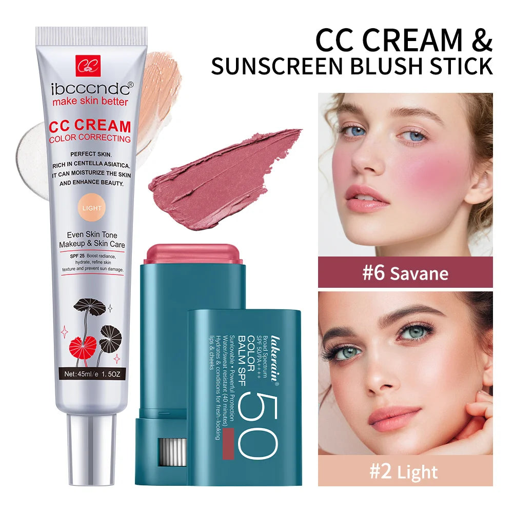 2pcs/set Color Correcting CC Cream & Suncreen Blush Stick Long-Lasting Waterproof Natural Finish Face Makeup Korean Cosmetic Oasis Select SET 10
