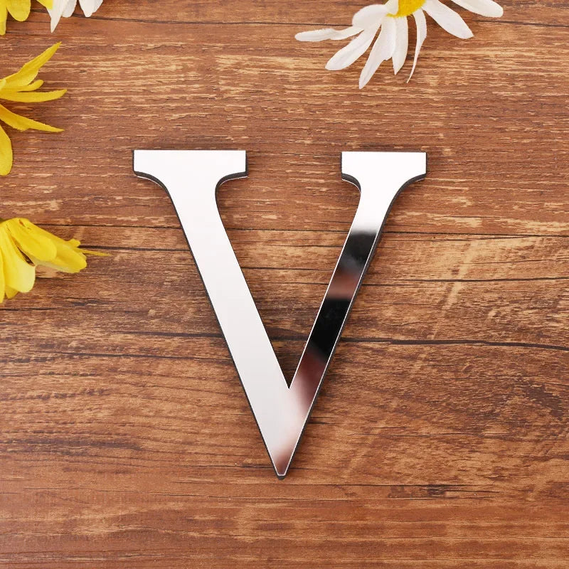 Silver Letter Acrylic 3D Mirror Wall Sticker Home Decor Alphabet Poster For Birthday Party Wedding Diy Wallpaper Peel & Stick Oasis Select V Silver