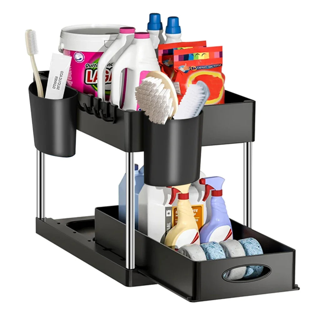 2 Tier Under Sink Organizer For Bathroom Kitchen Storage Sliding Drawer Pull Out Under Sink Cabinet Organizers Kitchen Organizer Oasis Select B-Single-2 basket