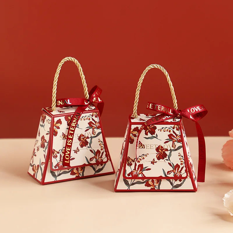 Wedding Candy Box Bow Ribbon Printing Flower Chocolate Cookie Party Supplies Gift Bag Kraft Paper Gift Packaging Box With Handle Oasis Select