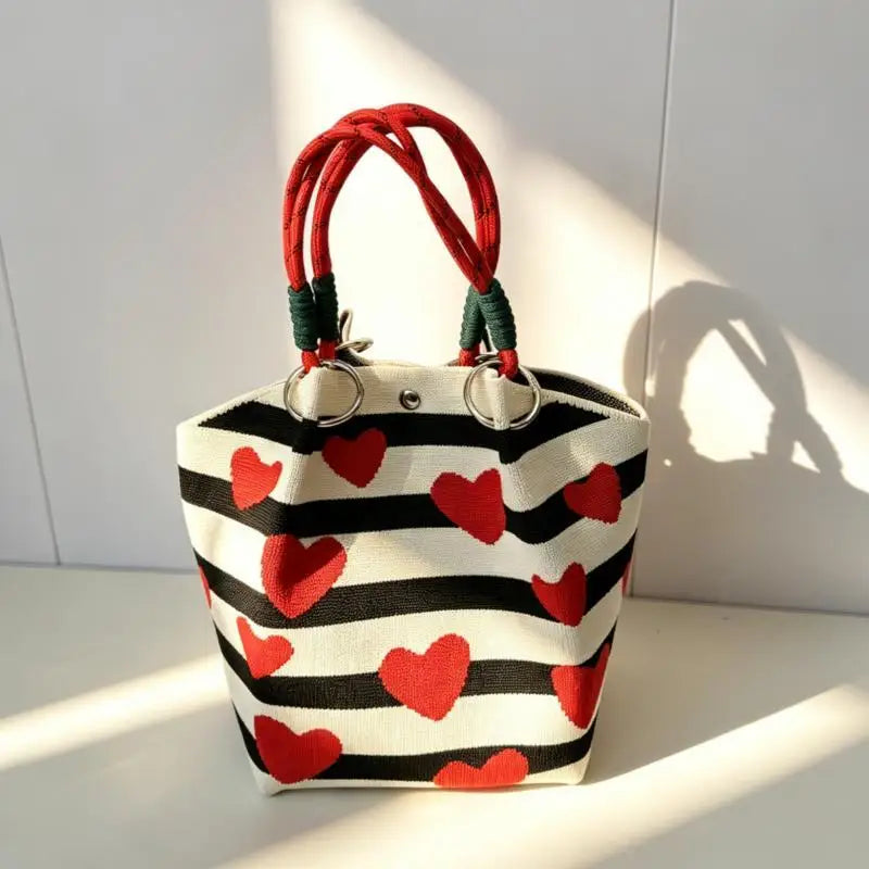 Women's Vintage Knit Tote Bag Storage Bag Lightweight With Metal Rings Snap Closure For Casual Travel Handbag Oasis Select E