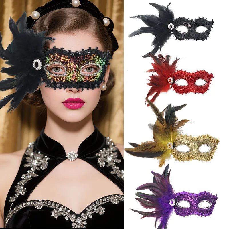Feathers Sequins Half-Face Mask Masquerade Removable Feather Decor Venetian Mask Halloween Cosplay Party Costume Accessory Oasis Select