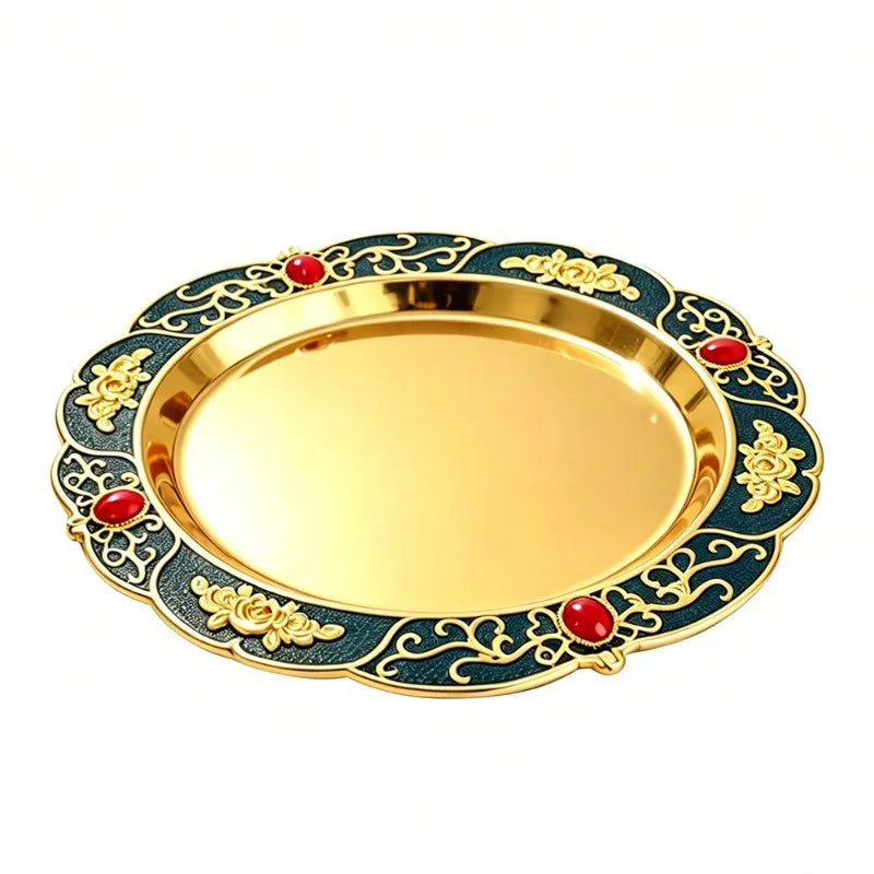 European Relief Ornate Decorative Serving Tray Floral Patterned Round Platter for Snacks and Table Display Oasis Select