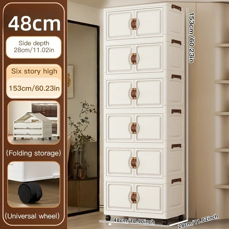 48cm Wide Foldable Storage Cabinet with Rolling Wheels,3-6 Tier White/Black, for Bathroom/Bedroom/Living Room Organization Oasis Select 6 Layers-White