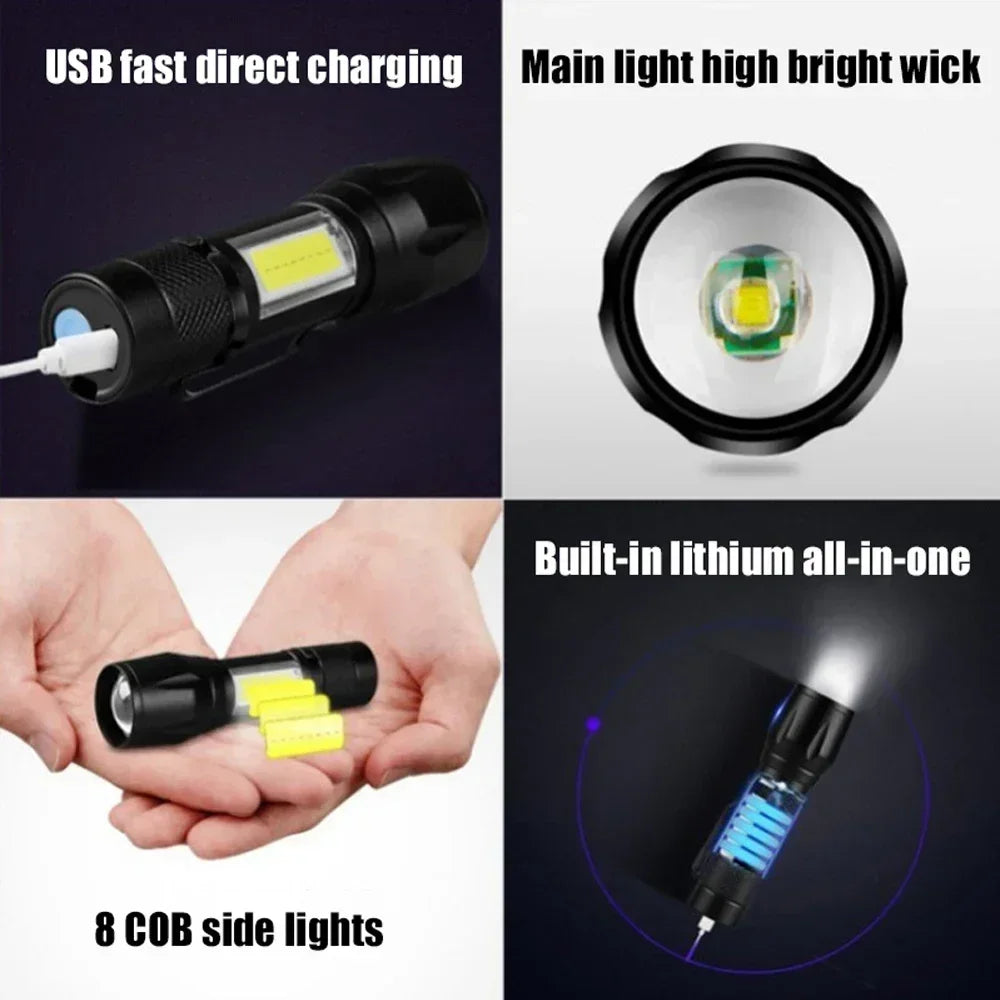 COB+XPE Portable Torch 1-10PCS Mini Flashlight Zoomable Focus Light Rechargeable Tactical Flashlight Camping Emergency Lantern Oasis Select
