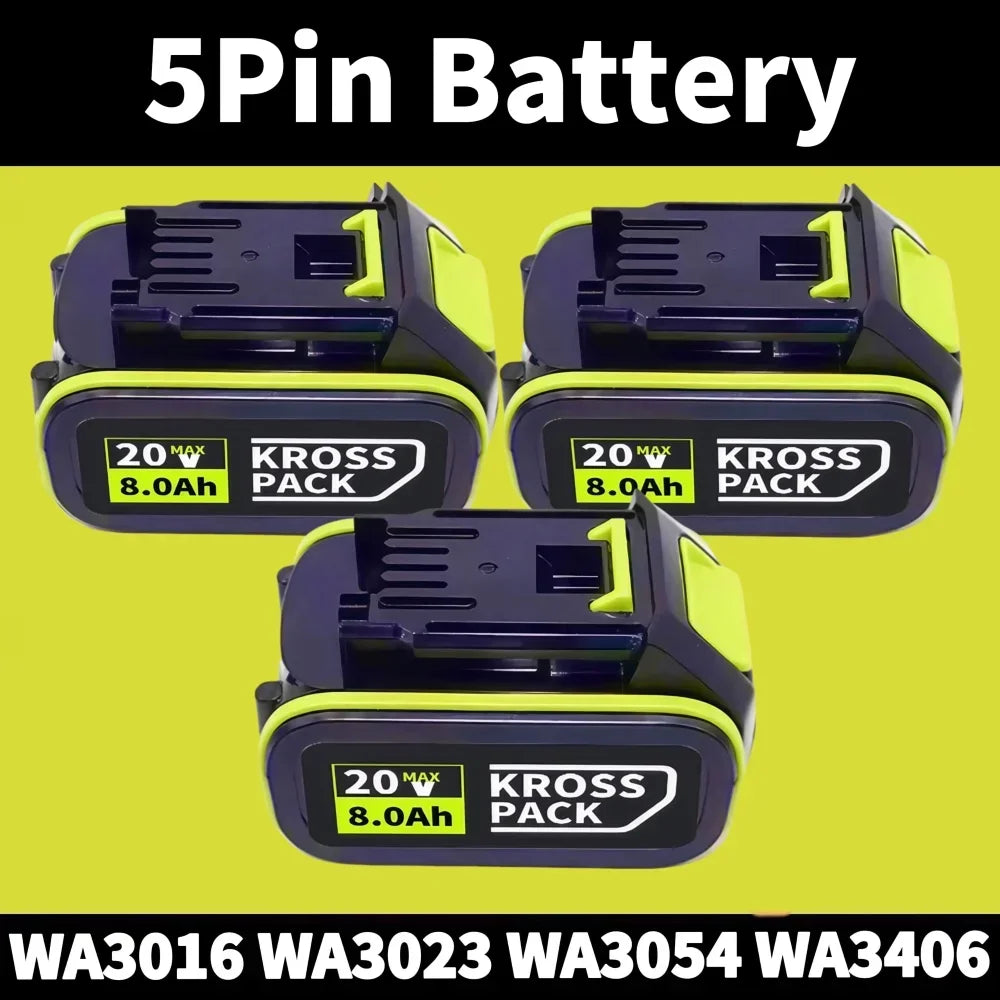 20V 6.0Ah & 8.0Ah WA/WX Tools Battery, 3H Fast Charge with LED Display & 5 Protections, Compatible WA3016/WA3023/WA3054 Oasis Select A-5Pin-8.0Ah-3pcs