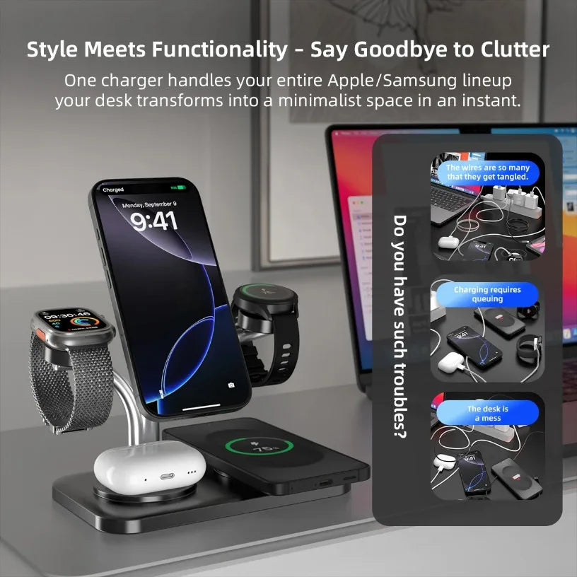 5 IN 1 15W Dual Phone Watch Magnetic Wireless Charger Fast Charging For iPhone 17~12 Samsung Apple/Galaxy Watch Aipods Pro/Buds Oasis Select