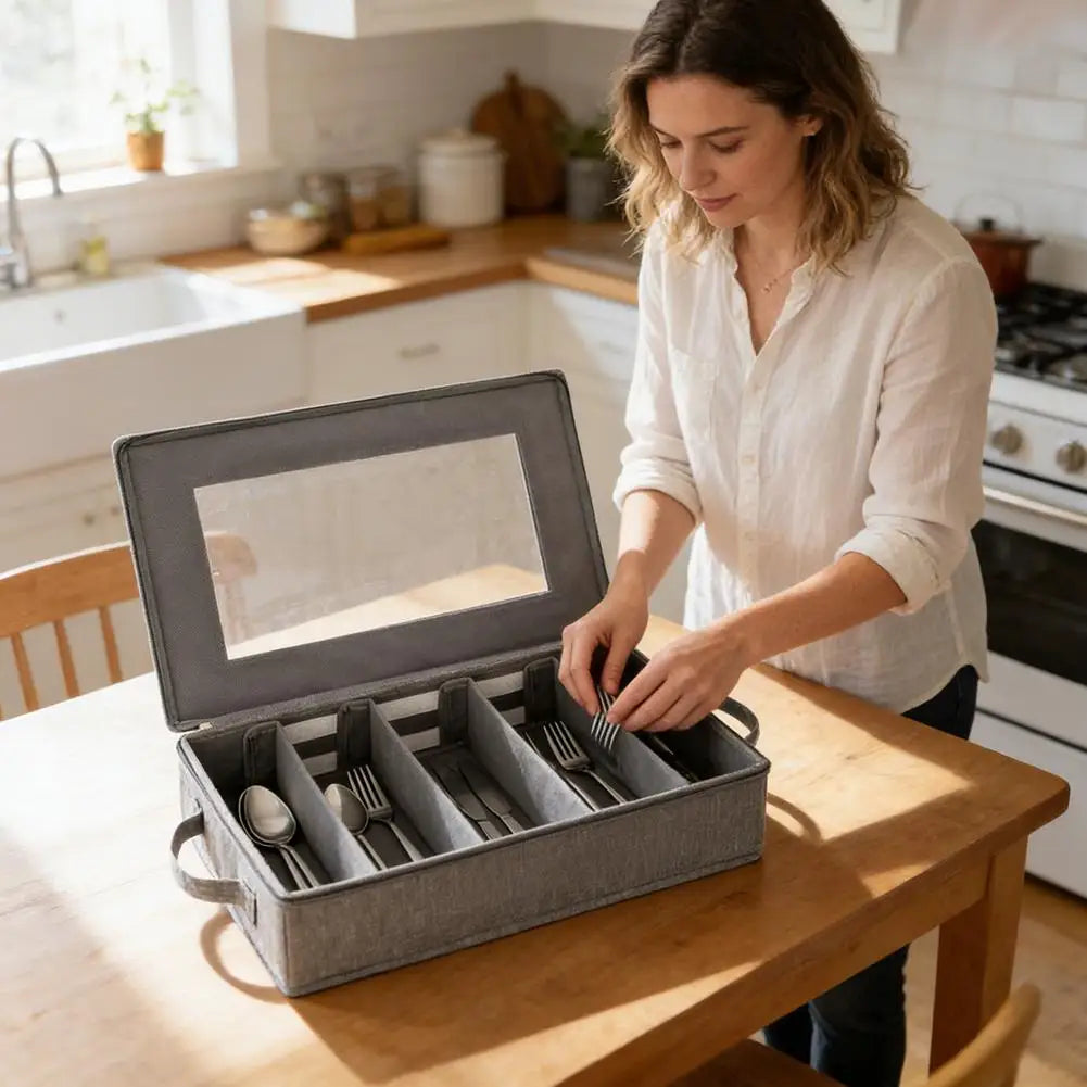 5-Compartment Flatware Organizer with Zipper Lid | Cutlery Box