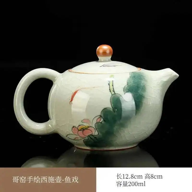 Multiple underglaze color hand-painted Ge kiln tea pots, ceramic ice cracked glaze single pot, Xi Shi pot, Kung Fu tea set tea Oasis Select Geyao - Fish Play