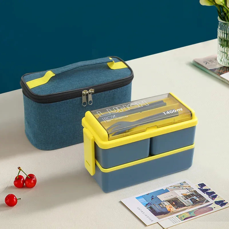 Double Layer Lunch Box with Storage Bag Leakproof Student Microwave Dinnerware Set with Fork Spoon Food Snack Storage Container Oasis Select