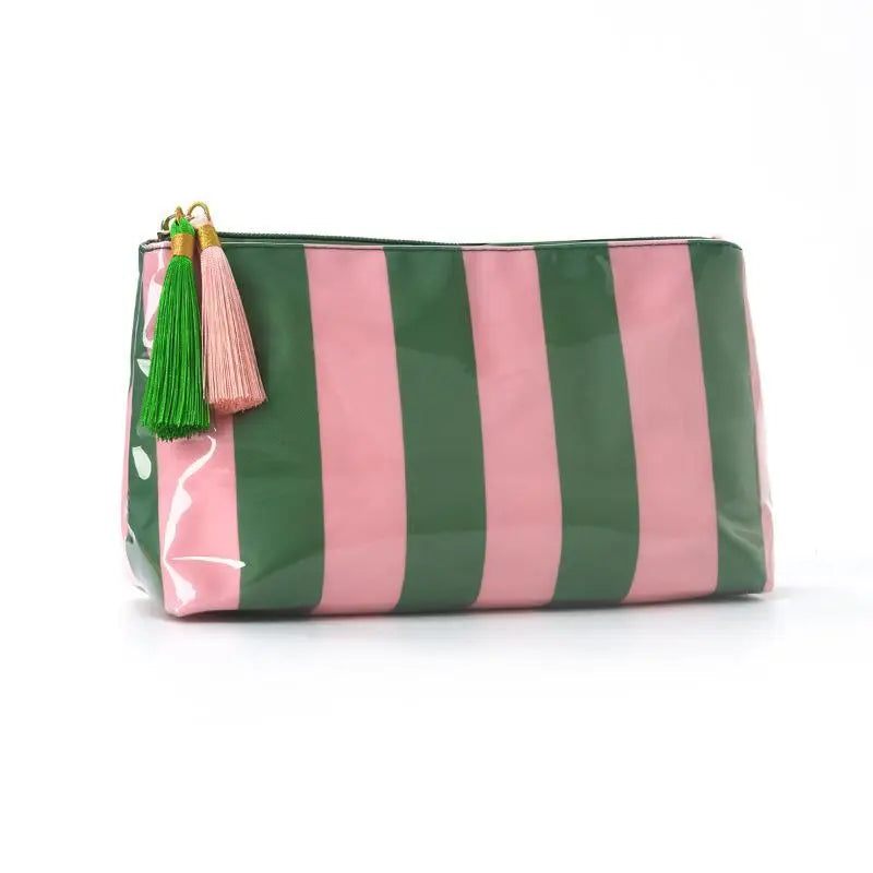 Waterproof Striped PVC Cosmetic Bag with Tassel Zipper