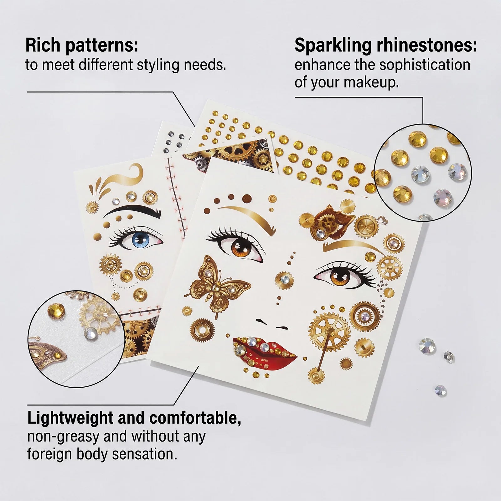 Punk Style Face Tattoo Sticker Set Rhinestone Decor Party Makeup Decal Waterproof Festival Cosplay DIY Face Decor Kit Oasis Select