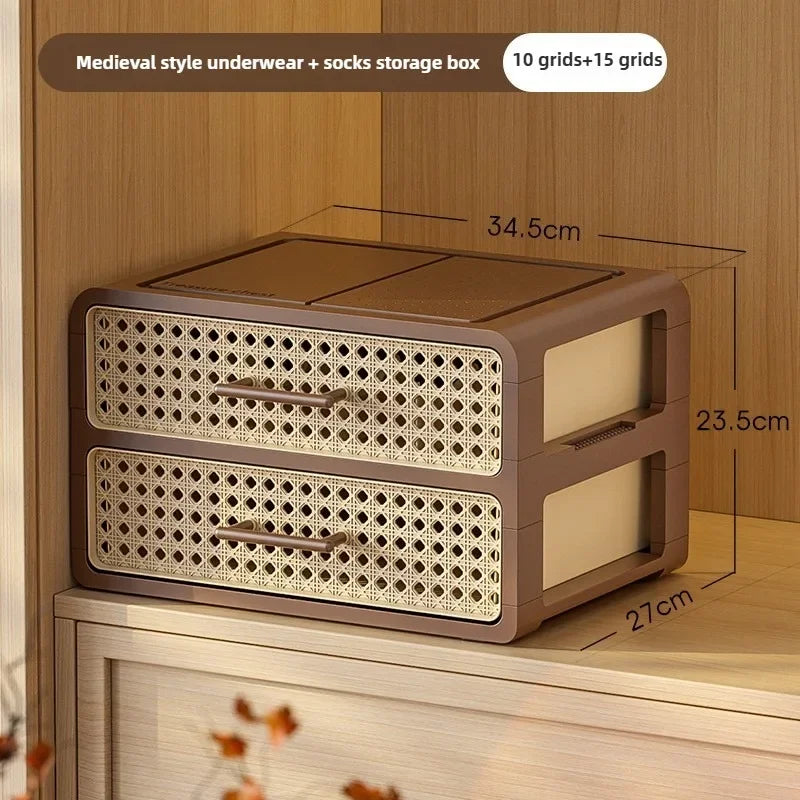 Home bedroom underwear storage box, home drawer style grid sorting wardrobe, antique style plastic rattan dust-proof storage box Oasis Select 2 layers C