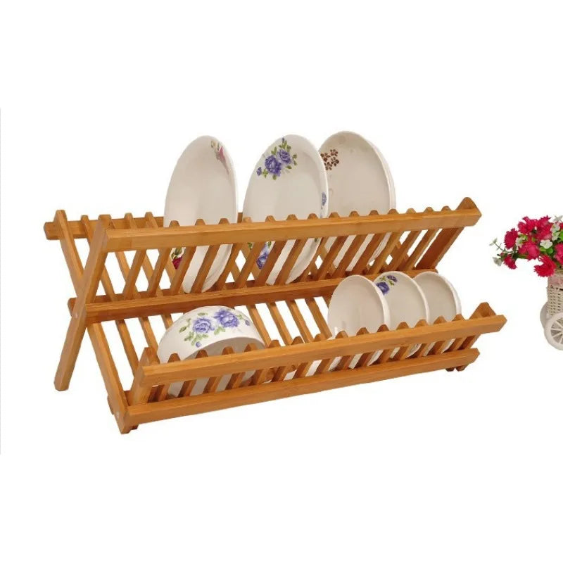 16 grid folding bowl rack, bowl rack, creative bamboo dish rack, household double-layer bowl rack Oasis Select