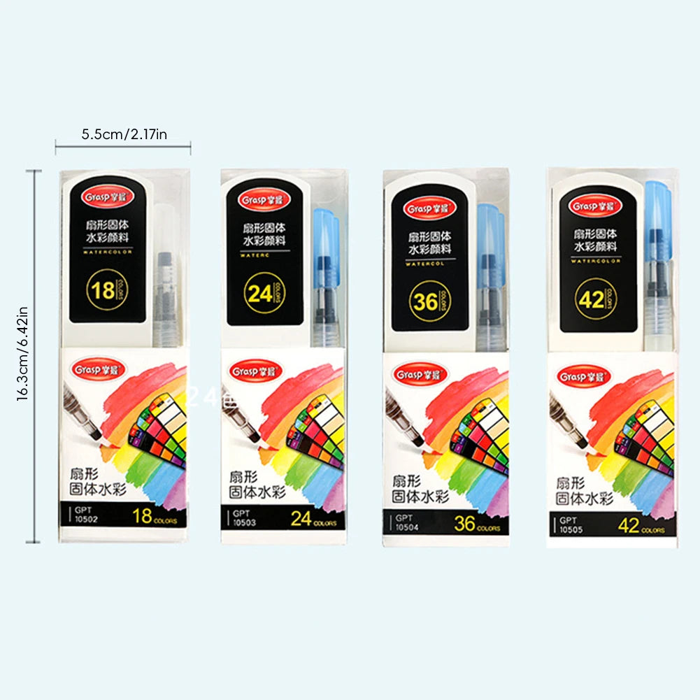 Fan-Shaped Solid Watercolor Set 18/24/36/42 Colors + Brush Pen
