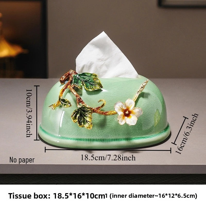 High End Ceramic Tissue Box Living Room Light Luxury Desktop Household Paper Drawer Box Study Decoration Ornament Oasis Select Green - Round