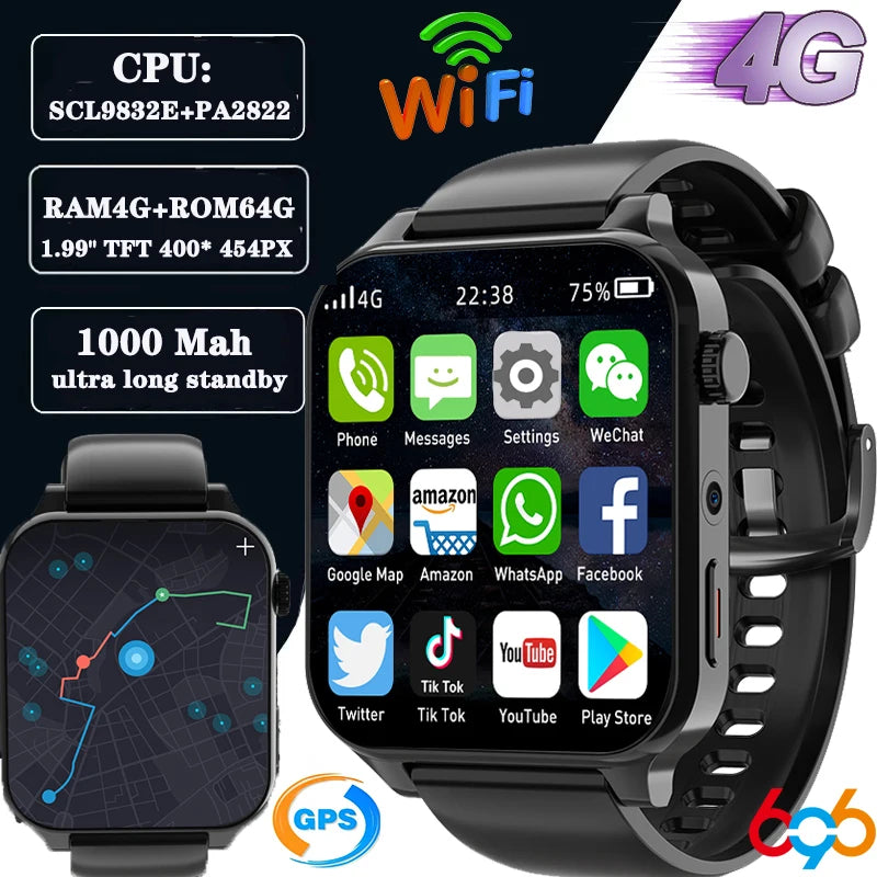 RAM 4GB ROM 64GB 1.99 Inch 4G Call Smart Watch GPS Wifi Smartwatch Dual Camera SIM Heartrate Testing Waterproof Sports Men Gift Oasis Select