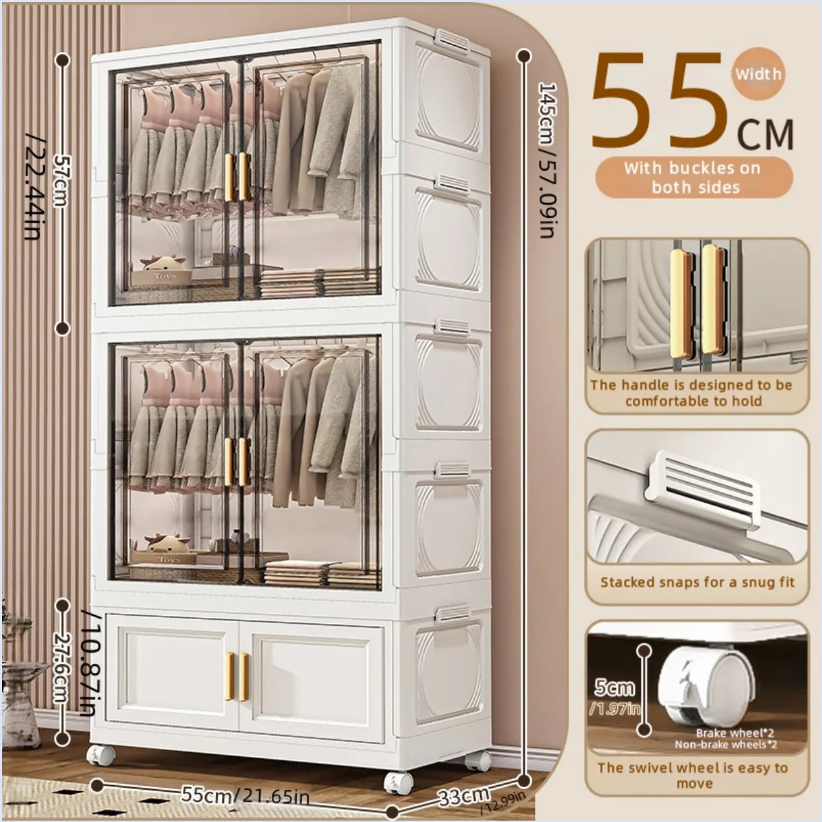 Foldable plastic storage box, simple wardrobe for home bedroom closet toy storage cabinet, no installation required Oasis Select 55cm 2 Large 1 Small