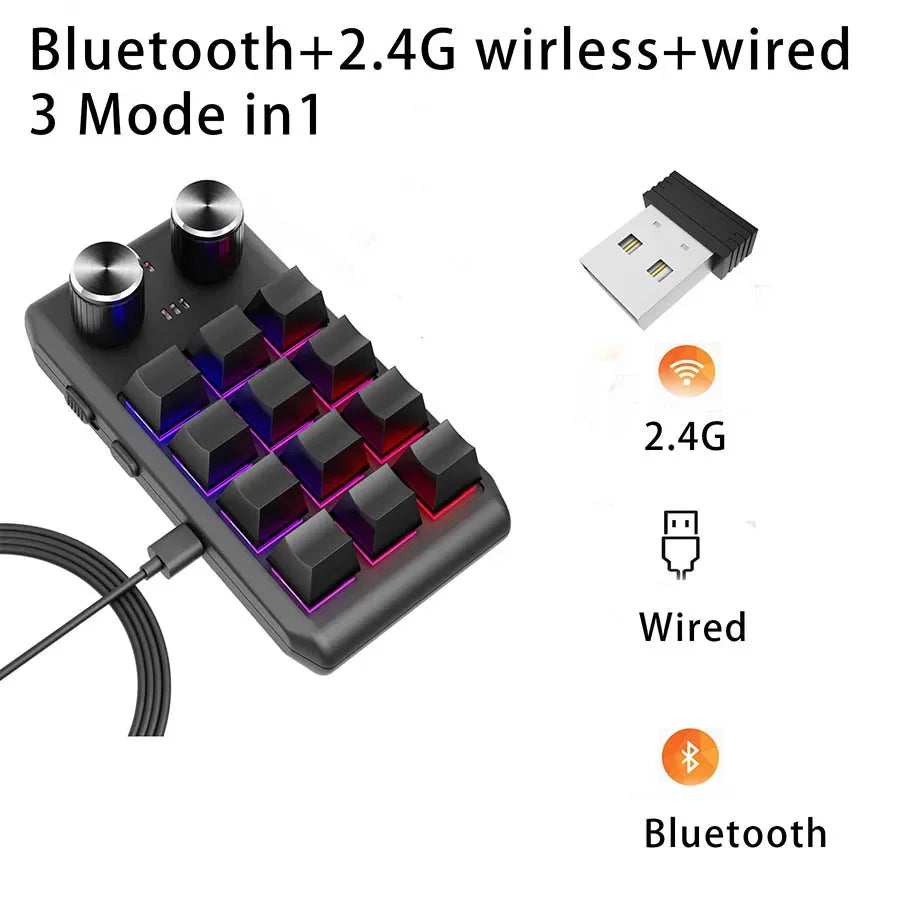 12 Keys 2 Knob RGB Programming Macro Gaming Knob Keypads Mini Custom Programming Keyboard USB Mechanical Keyboard for Photoshop Oasis Select Black Wired BT 2.4G