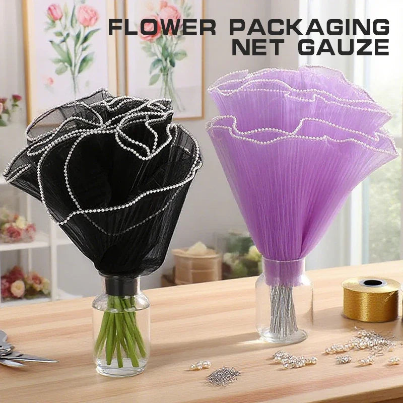Black White Floral Packaging Bouquets Including Decorative Mesh Wrapping Paper, Pearl-Edged Wrapping Paper, Wrinkled Wave Mesh Oasis Select