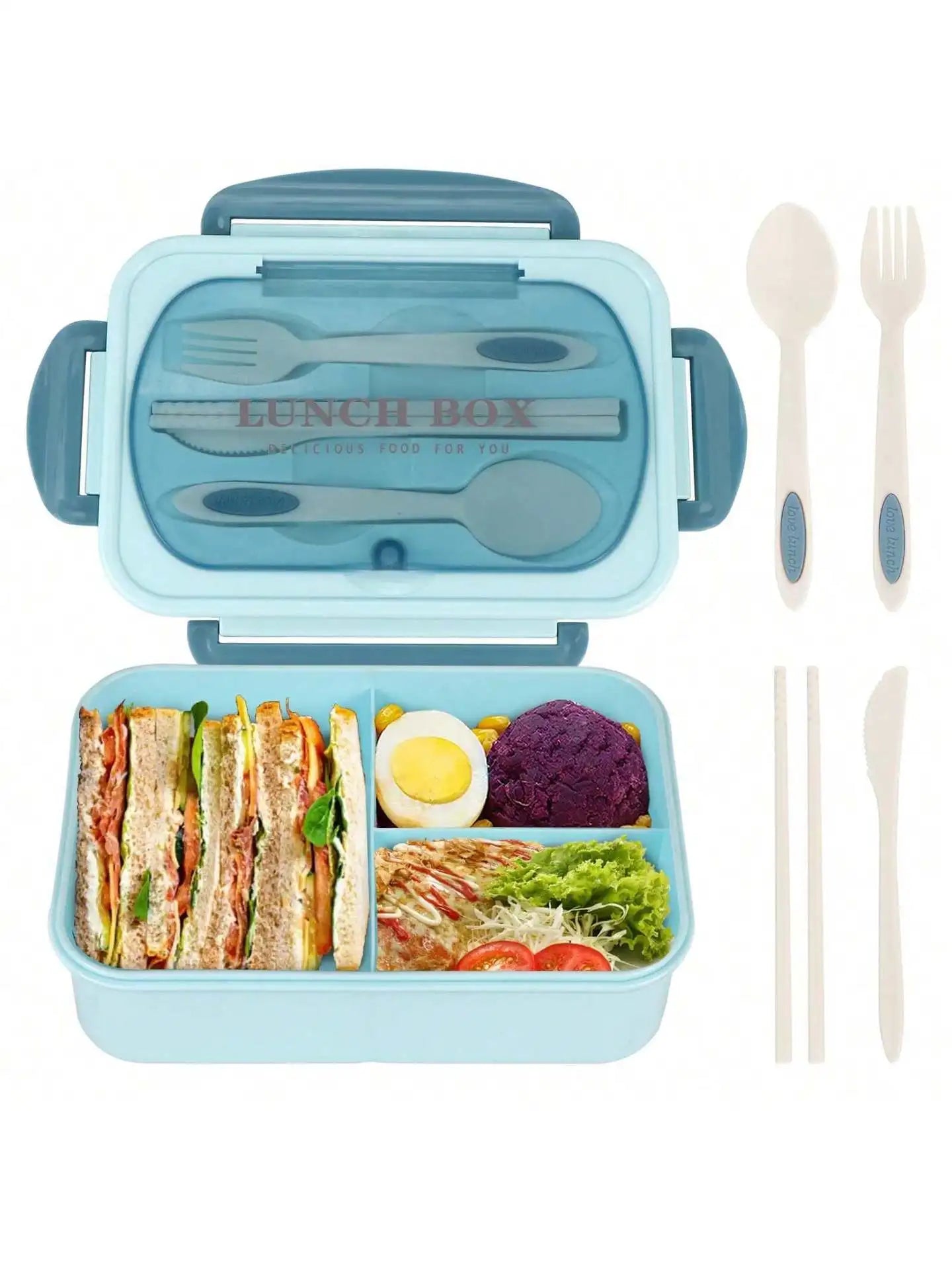 1Pc Bento Box Adult Lunch Box With 4 Compartments,Utensils, Sauce Jar, Muffin Liners, Microwave&Dishwasher Safe, Back To School Oasis Select Blue 1200ml