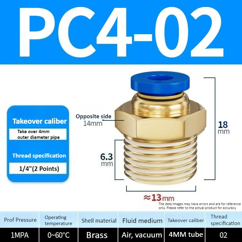 Copper Pneumatic Quick Plug Quick Connector 1/4 "1/8" 3/8 1/2 Thread PC 4mm 6mm 8mm Straight Hose Connector Pipe Oasis Select PC4-02 Blue