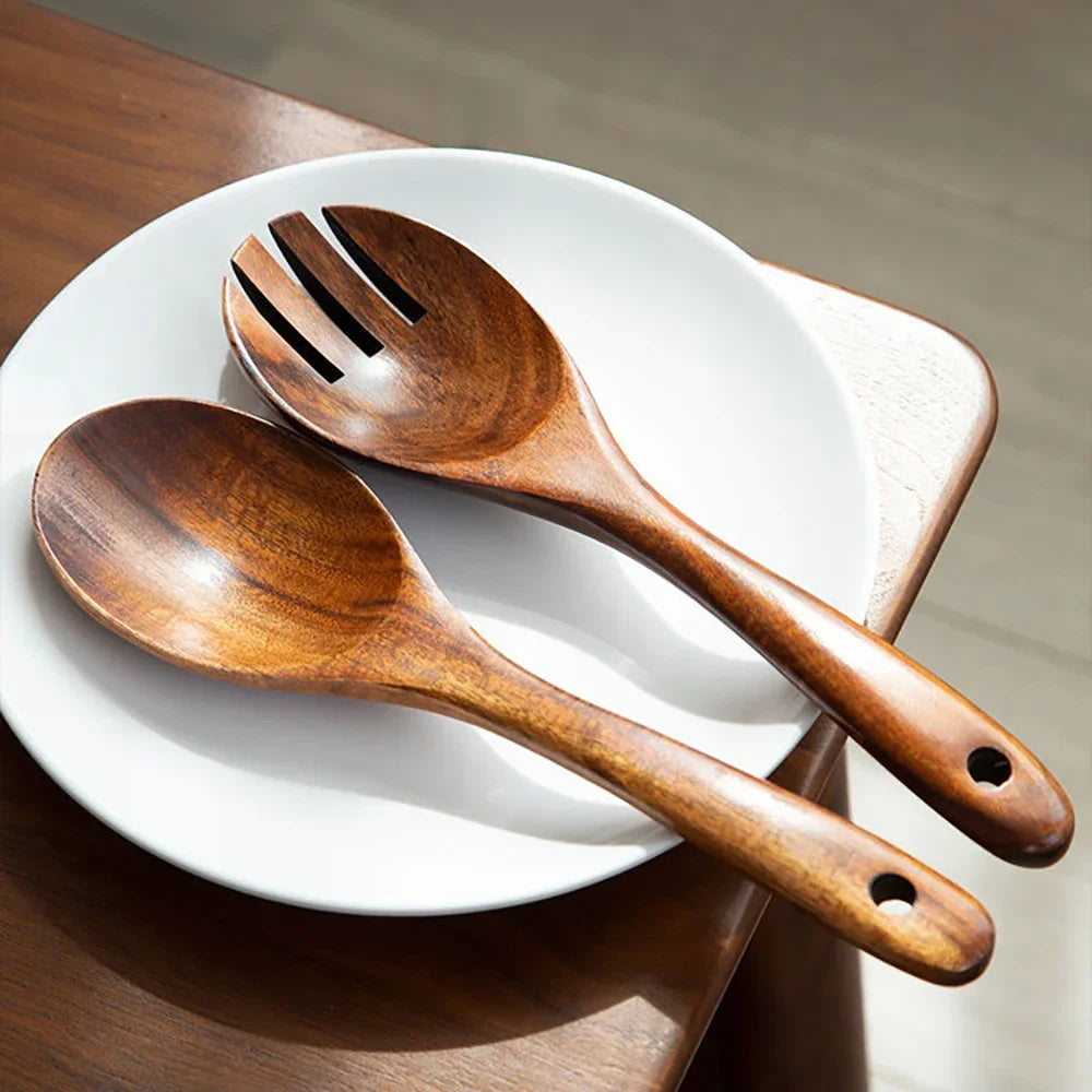 2Pcs Dinnerware Set Wooden Large Spoon Fork Cutlery Set Japanese Style Long Handle Serving Salad Scoop Tableware Kitchen Utensil Oasis Select