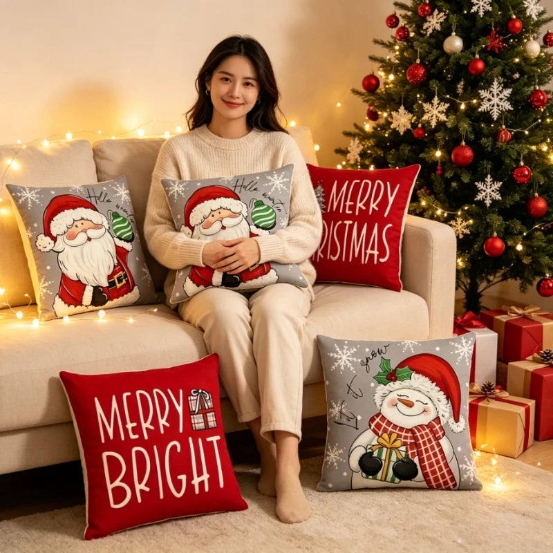 4-piece 2D flat printed Christmas pillowcase, gift for Santa Claus, red scarf snowman, and luxurious red gold Christmas tree Oasis Select