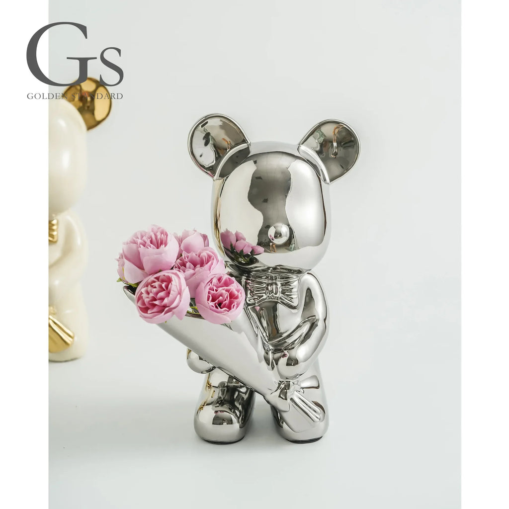 Ceramic Violent Bear Ornament Living Room Simulation Flower Bouquet Bear Tide Play Arts and Crafts Home Starter TV Cabinet Oasis Select silver
