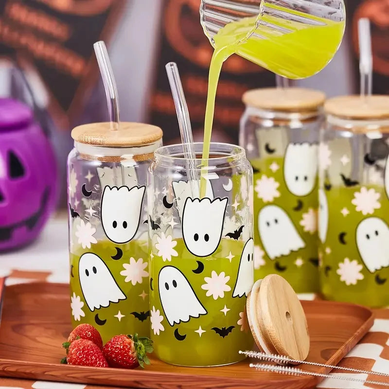 Halloween Drinking Cup with Lid and Straw 18.7oz/550ml Canned Glass Cup Cute Kawaii Coffee Cup Juice Water Cup Milk Oasis Select