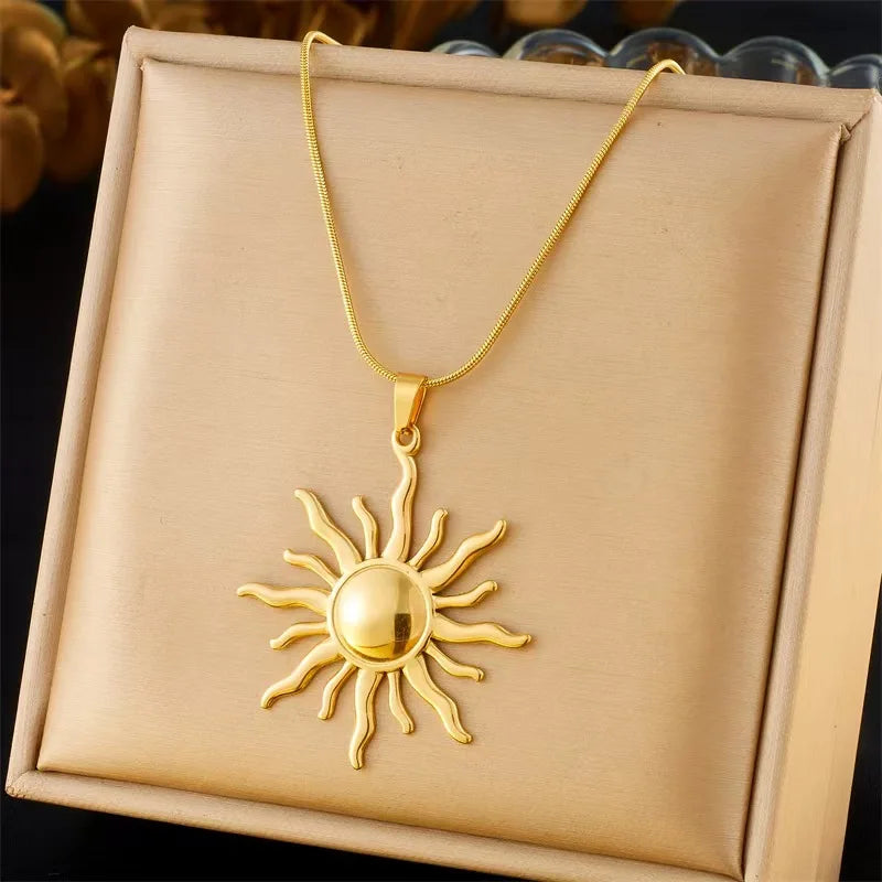 ZAKOL 316L Stainless Steel Golden Sun Pendant Necklace For Women Girl New Concise Solar Neck Chain Choker Jewelry Gift Oasis Select Gold Color